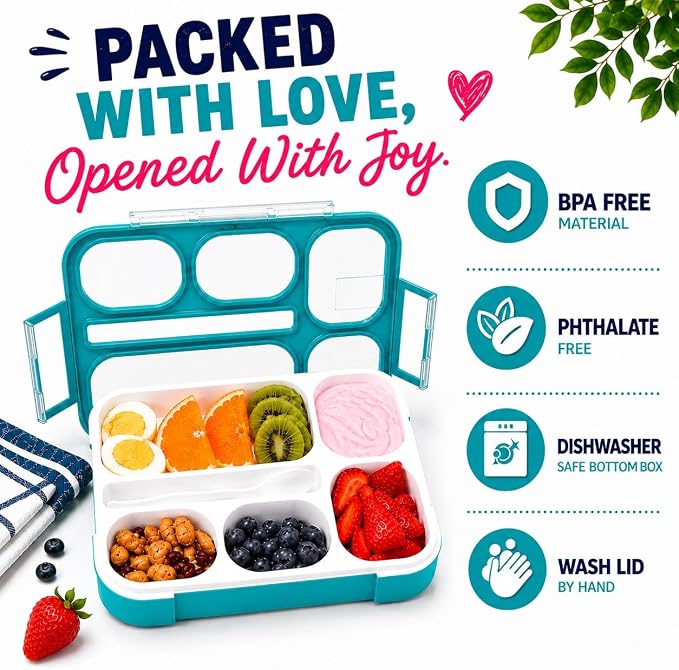 Bento Lunch-Box Set for Kids includes Snack Container | 6 and 3 Compartment Boxes Leakproof School Bentos or Meal Portion Control Containers BPA Free, Boys Girls Adults, Teal Large + MINI 2 pack