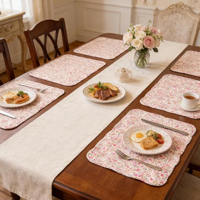 Quilted Placemats Set of 4 18"X13" Cotton Placemats Washable Cloth Table Mats for Kitchen Table (Floral Print)