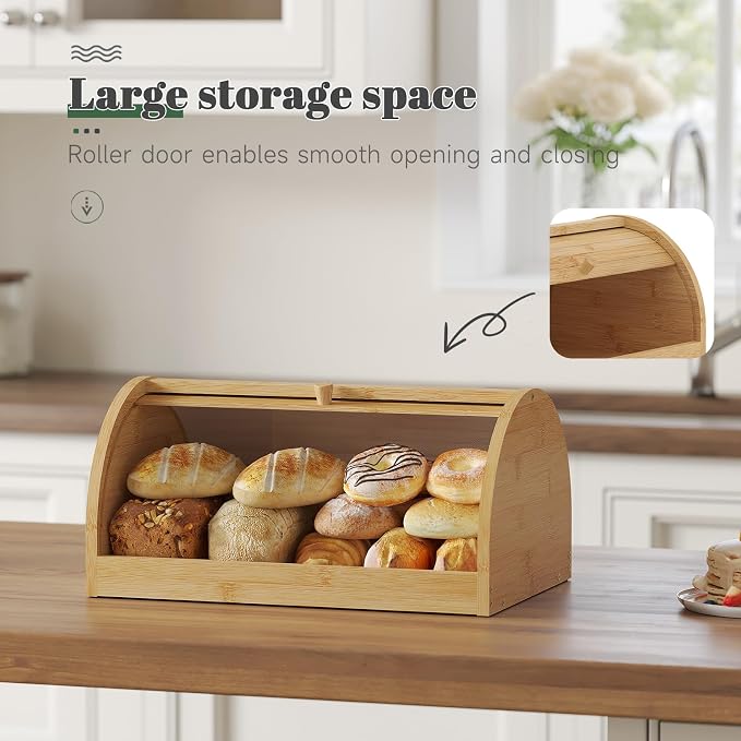 STDDRE Corner Bread Box for Kitchen Countertop Roll Top Bread Box Kitchen Food Storage Box for Homemade Bread Bread Holder for Kitchen Counter Pantry Shelf (Natural)
