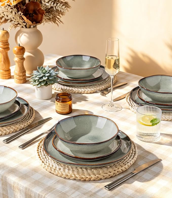 GBHOME Stoneware Dinnerware Sets for 8,24 Piece Rustic Plates and Bowls Set | Earthenware Handmade Reactive Glaze Plate Sets, Chip Resistant Ceramic Dishes, Microwave & Dishwasher Safe, Earthy Sage