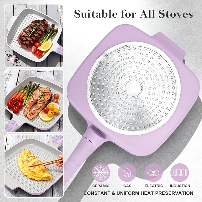 RANX INGST Nonstick Ceramic Griddle Pan with Lid, 10 Inch Steak Pan- Purple | Detachable Handle Induction Compatible