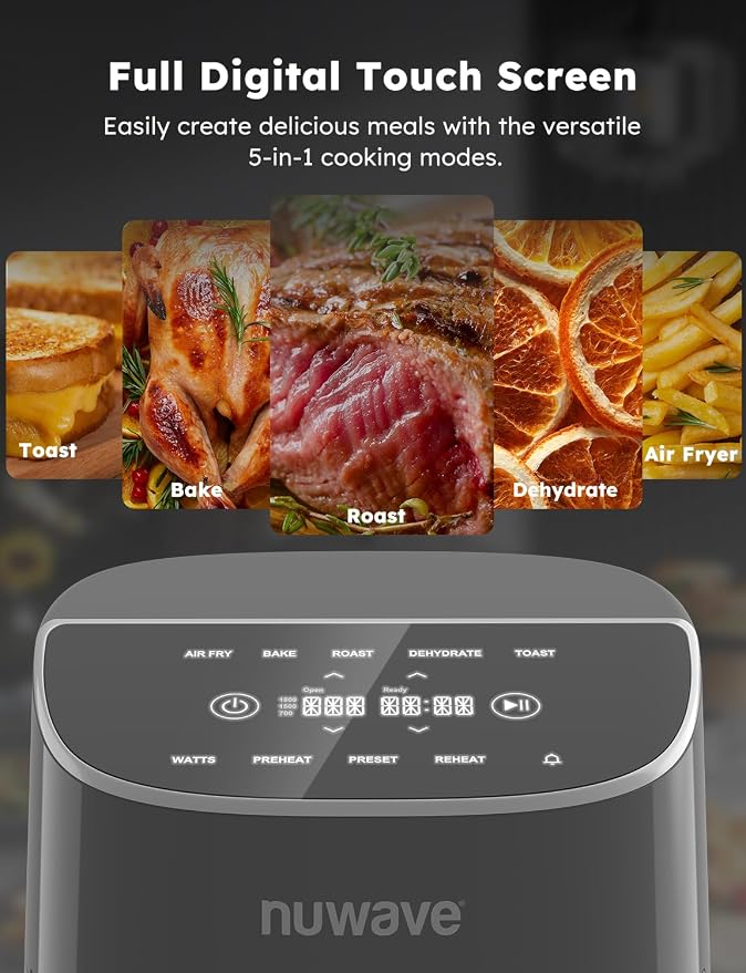 Nuwave Brio Plus 8 Qt Air Fryer, PFAS Free, New & Improved, 50-400°F in 5°F | Digital Touchscreen, Cool White Display, Ceramic Nonstick Coating, 5 Modes, 100 Presets/50 Memory, 700/1500/1800W, Cool Gray