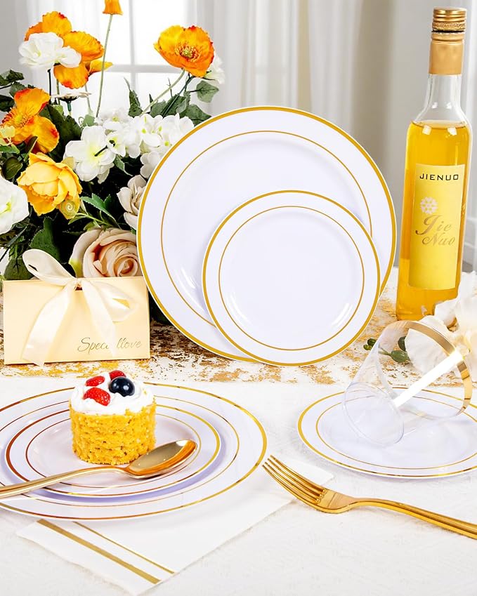 GATHER 350PCS Gold Plastic Plates for Wedding and Party | White and Gold Disposable Dinnerware Set include 100 Plates, 150 Silverware, 50 Napkins, 50 Cups for Bridal Shower