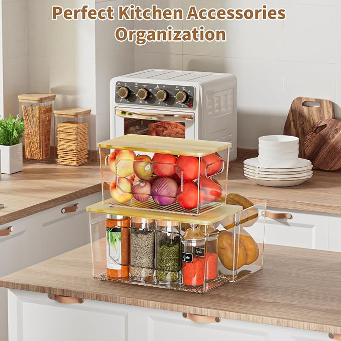 spospo Trash Bag Holder 2-in-1 Under Sink Organizer with Bamboo Lid | Acrylic Trash Bag Dispenser with Pull-Out Basket for Cleaning Supplies, Garbage Bag Holder for Kitchen Laundry Room Storage