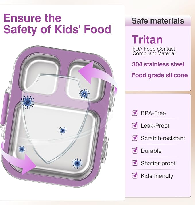 HOMEKOL Stainless Steel Bento Lunch Box, Purple, 3.3Cups | 3-Compartment,Leak-Proof, for Kids & Adults, BPA-Free, Dishwasher Safe, Clear Tritan Lid, 800ml (Not Insulated)