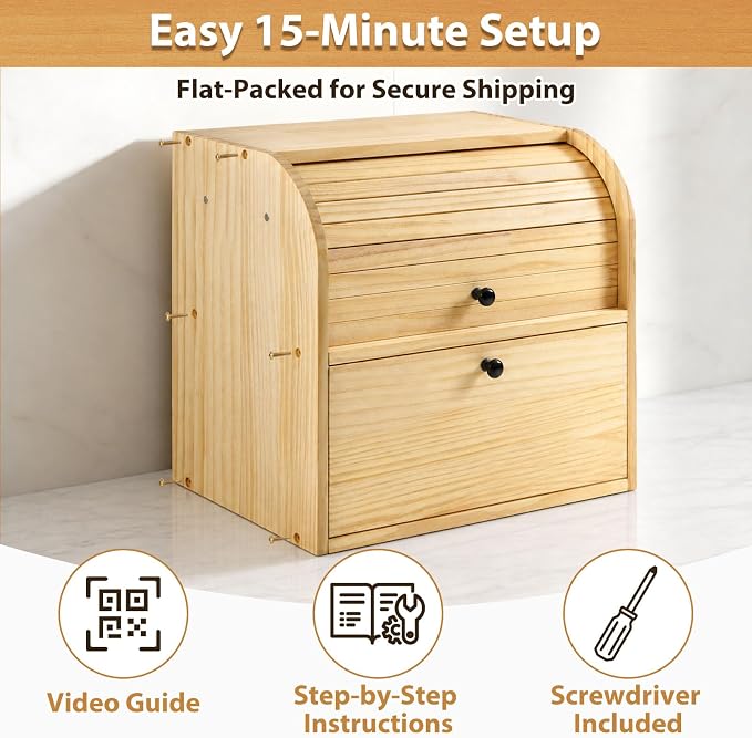 Sunhoo Wooden Bread Box for Kitchen Countertop, Roll Top Breadbox, Natural | Large Double Layer Pantry Container, Solid Wood with Cutting Board, Fresh Homemade Sourdough Bin Cabinet, Vintage Farmhouse