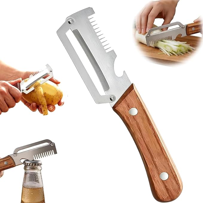 Multi-Functional Vegetable Peeler, 3-in-1 Stainless Steel Peeler | Ergonomic wooden non-slip handle, stainless steel blade, versatile uses, easy to clean
