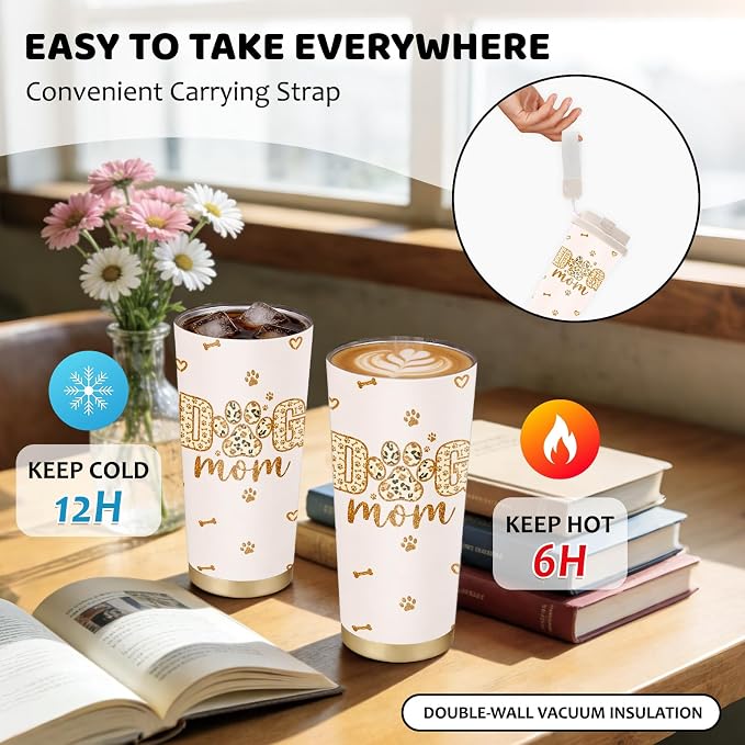 Dog Mom Tumbler Stainless Steel 2-in-1 Lid Coffee Tumbler 18 oz Dogs Lovers Insulated Travel Coffee Mug Dog Mom Gift Water Bottle for Women Girls Birthday Christmas