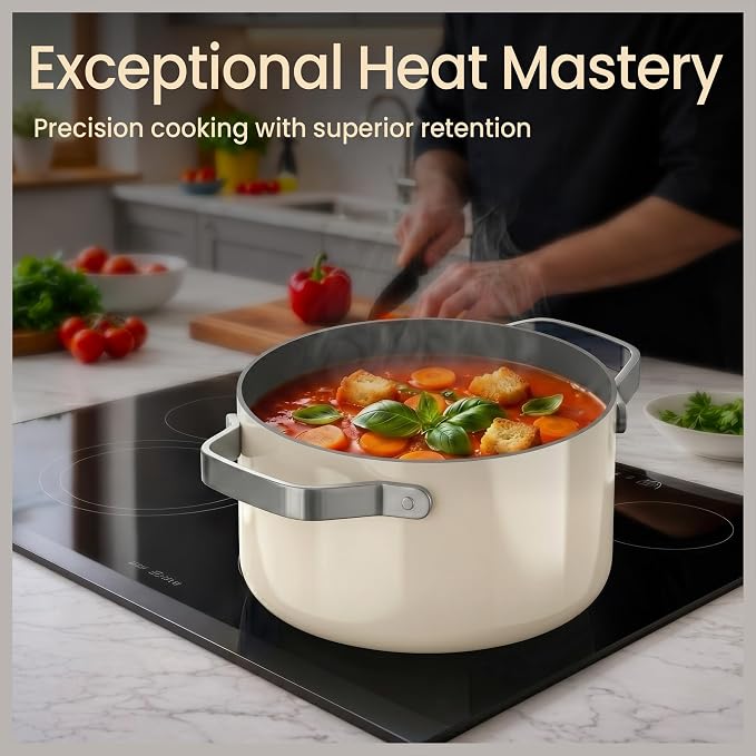 Bakken 3 Quart Ceramic Coated Stock Pot with Lid, Easy to Clean Nonstick Pot, Tempered Glass Lid, Riveted Stainless Steel Handles, Oven Safe Up To 500°F, PTFE & PFAS Free, All Stove Compatible, Cream