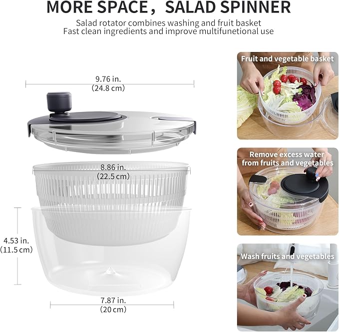 Salad Spinner Large, Fruit Washing Bowl with Strainer, Quick and Easy Use Lettuce Spinner, Fruits and Vegetables Washer, Lettuce Salad Dryer, Kitchen Essentials (4L/4.23Qt)