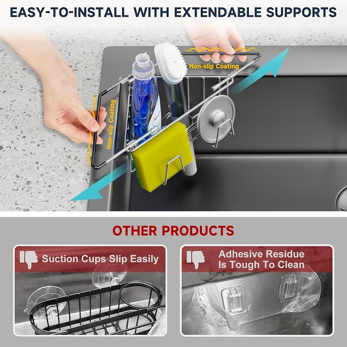 NiHome Adjustable Corner Caddy, Sponge Holder for Kitchen Sink | Rustproof 304 Stainless Steel Storage with Extendable Arms and Open Drainage for Rapid Drying of Brushes and Soap Bars