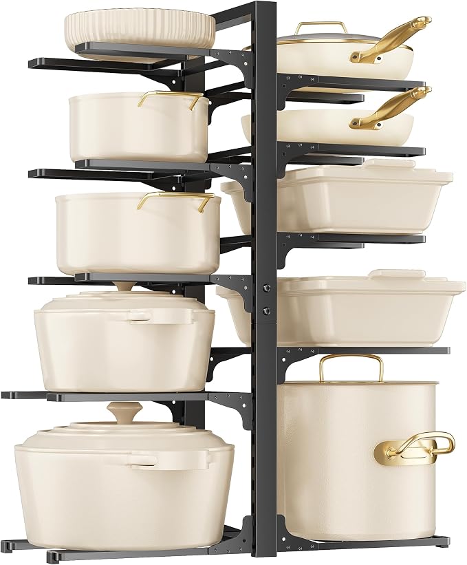 MUDEELA 10-Tier Pots and Pans Organizer under Cabinet, 23.62" H Heavy Duty | Adjustable Pot Rack for Frying Pan, Cast Iron Skillet, Tool-Free Assembly, For Kitchen Cabinets, Shelves and Countertops