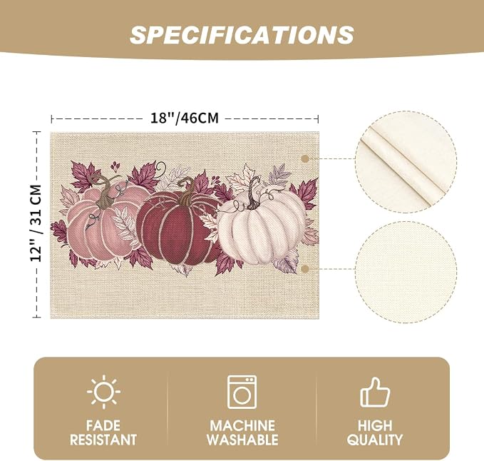 Artoid Mode Pink Pumpkin Leaves Fall Placemats Set of 4-12 x 18 Inch | Heat-Resistant Table Mats, Washable Seasonal Autumn Kitchen Dining Decor