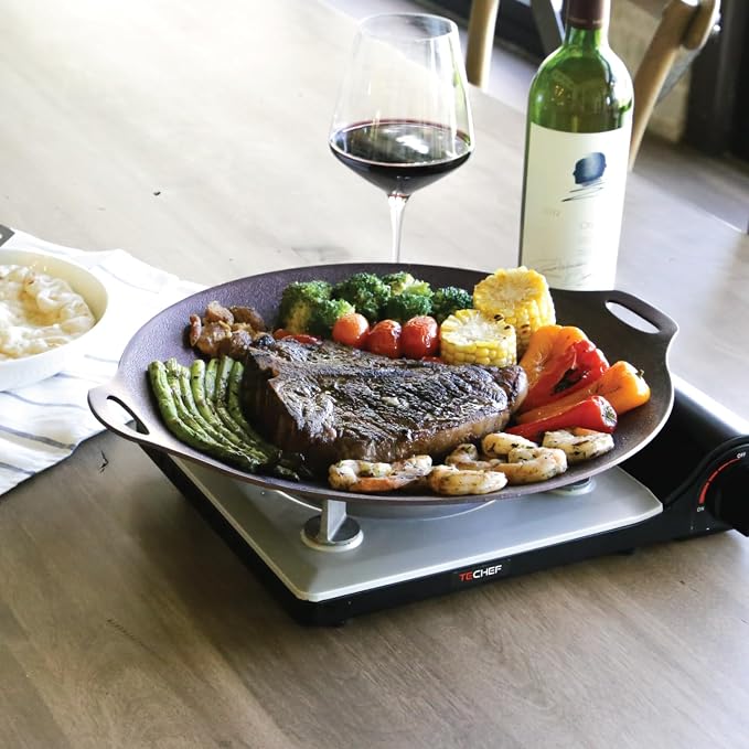 TECHEF - 14-inch Nonstick Round Griddle Grill Pan for Korean BBQ/Teppanyaki Pan, Tawa, Roti Pan/Induction Ready/Made in Korea (Griddle with Rack)