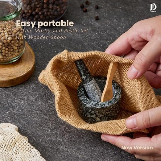2" Tiny Mortar and Pestle Set with Wooden Spoon, Small, Compact, Mini, Grinding and Crushing Herbs and Spices, Unpolished Inside
