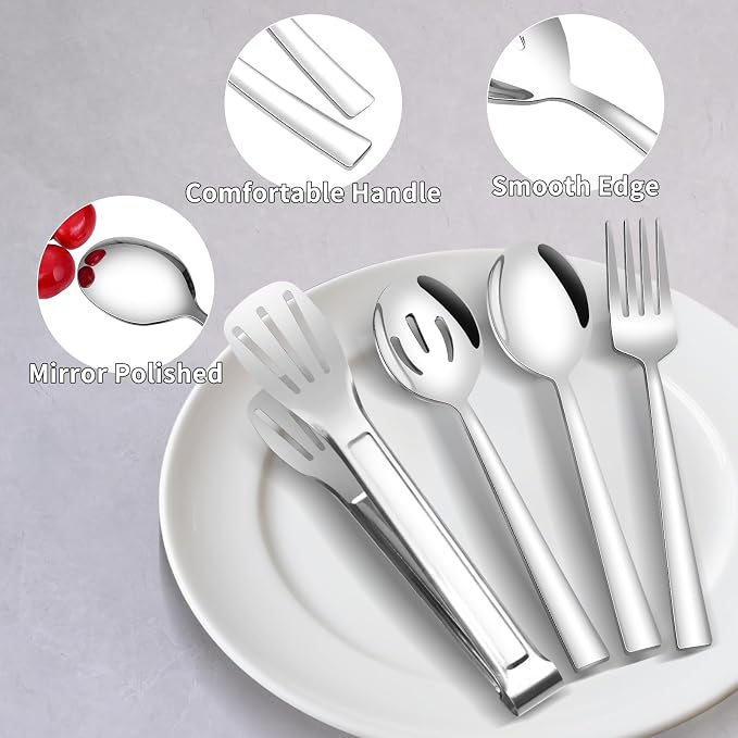 Stainless Steel Serving Utensils, Amafox 10-Piece Serving Utensils Set - Spoons,Slotted Spoons,Forks, Appetizer Tongs,Cake Server and Butter Knife for Party, Daily Use(Silver)