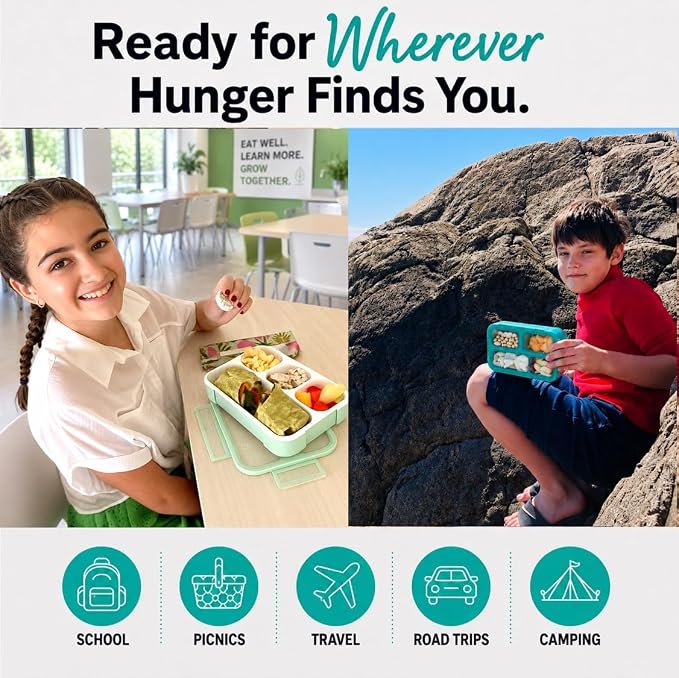 kinsho Bento-Box Lunch and Snack Boxes. Family Pack of 4 Meal Planning Portion Containers for Kids, Women, Adults. BPA Free. Utensils, Blue & Green Set (2 Large + 2 Small)