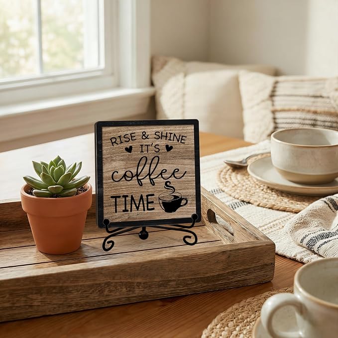 Funny Coffee Bar Decor, 5"x5" Coffee Bar Sign | Rise & Shine It's Coffee Time Wood Plaque with Stand | Farmhouse Gift for Home Kitchen Tabletop Desk - A03