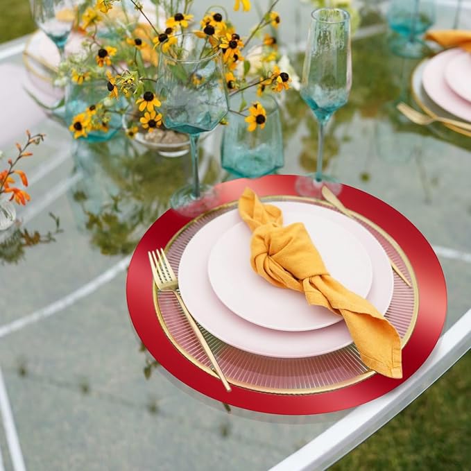 100PCS 13in Round Red Placemats, Disposable Paper Chargers Plate | Mirrored Red Paper Placemats for Dining Table, for Christmas Valentines Kitchen Banquet Wedding Birthday Party Table Decor