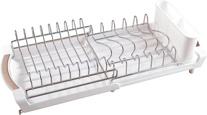 Dish Drying Rack Compact Expandable - A Space-Saving, Stainless Steel, Rust-Resistant Dish Drainer for Kitchen and Apartment Countertops/Sink Cabinets, Extendable from 11.42 to 19.9 inches (White)