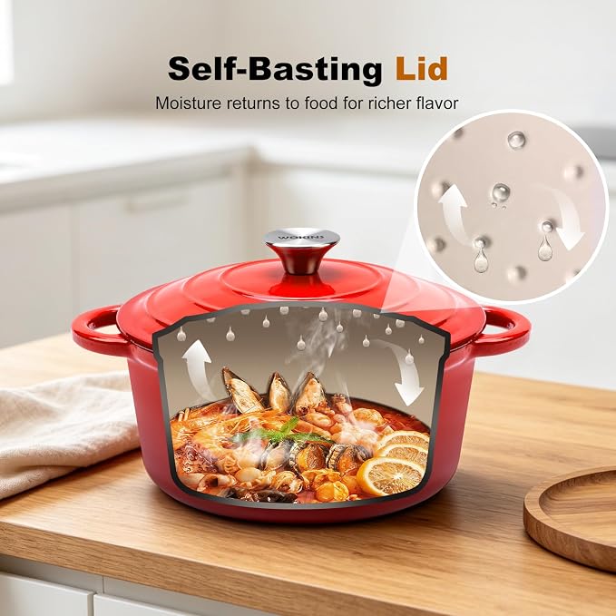 4-QT Enameled Cast Iron Round Dutch Oven With Lid,Oven safe,Red | Small enameled cast iron Dutch oven,Retains moisture,PFAS-free,500°F,sourdough,braising/stews/roasting,Housewarming Gift