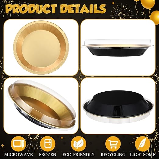 9 Inch Heavy Duty Aluminum Pie Tins Bulk with Lid, Oven and Freezer Safe Disposable Pie Pizza Pan Dessert Baking Cups for BBQ Camping Graduation Father's Day Party Favors(10 Pack,Black,Gold)