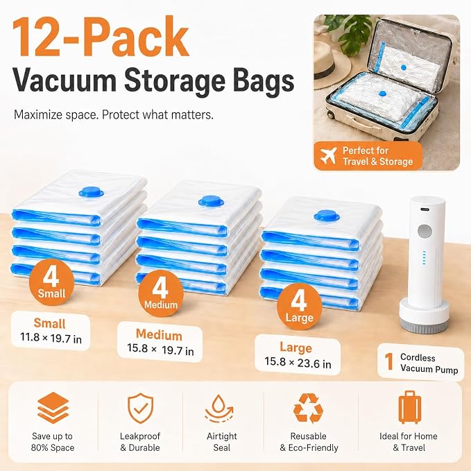 12 Pack Vacuum Bags for Travel with Rechargeable Pump, Save Luggage Space | Transparent Bag Design for Easy Clothing Organization, 1500mAh USB-C Wireless Pump, Ideal for Suitcases, Backpacks, Wardrobes