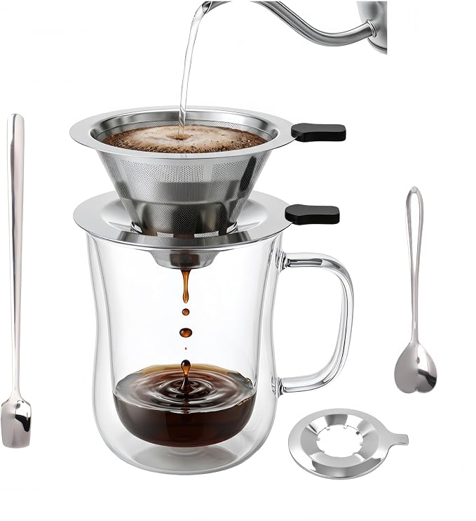 2-in-1 Immersion & Pour Over Coffee Maker, 300ml Single Serve Coffee Brewer with Reusable 600-Mesh Stainless Steel Filter, Double-Wall Glass Coffee Cup for Richer Extraction & Faster Brewing