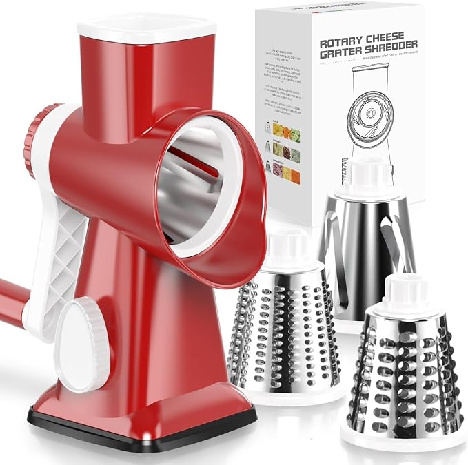 Rotary Cheese Grater Hand Crank Red - Shredder Slicer Grinder 3 Stainless Steel Blades, Stable Suction, Labor-Saving Handle, Safe Kitchen Tool for Cheese, Vegetable, Nuts, Chocolate
