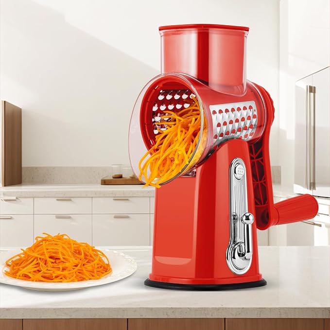 SUSTEAS Rotary Cheese Grater 5 Blades,Kitchen Mandoline Vegetable Slicer | Red, Easy to Clean, Strong Suction Base, 5 Blades Storage Box, Round Mandoline Slicer & Food Chopper for Salad