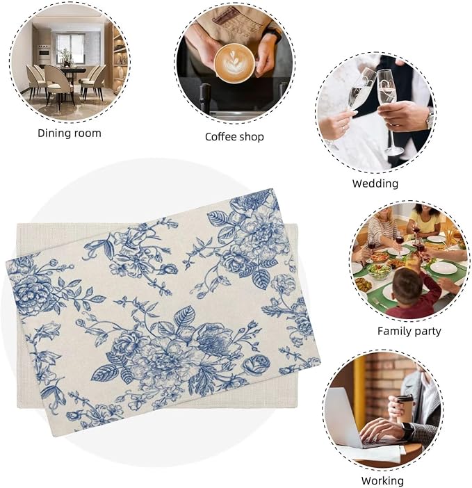 Chinoiserie Floral Placemats Set of 4, Vintage Blue Flower Decorative Table Mat 12 x 18 Inch Heat Resistant Non Slip Line Fabric Seasonal Floral Place mat for Dining Table