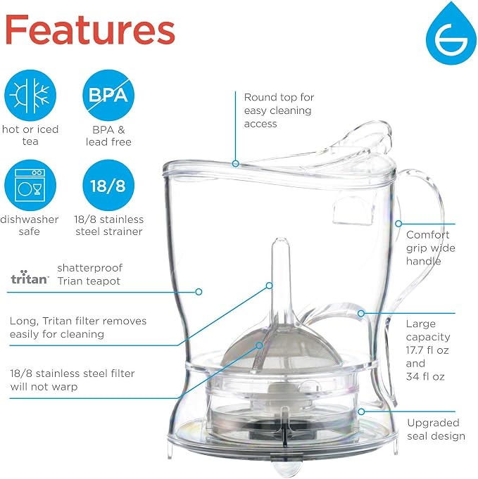 GROSCHE Aberdeen Smart Tea Maker BPA-Free Tea Infuser 34 oz + 16 oz Mug Set | Drip-Free Bottom Dispenser, Coaster, Easy Brewing, Simple Cleanup, Tritan Build, Loose-Leaf Steeping, Stylish Design