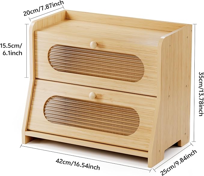 Bread Box,Extra Large 2-Tier Bamboo Bread Box for Kitchen Countertop,Bread Storage Container with Magnetic Acrylic Door for Homemade Bread,Under Cabinet,Pantry Organizer(Natural)