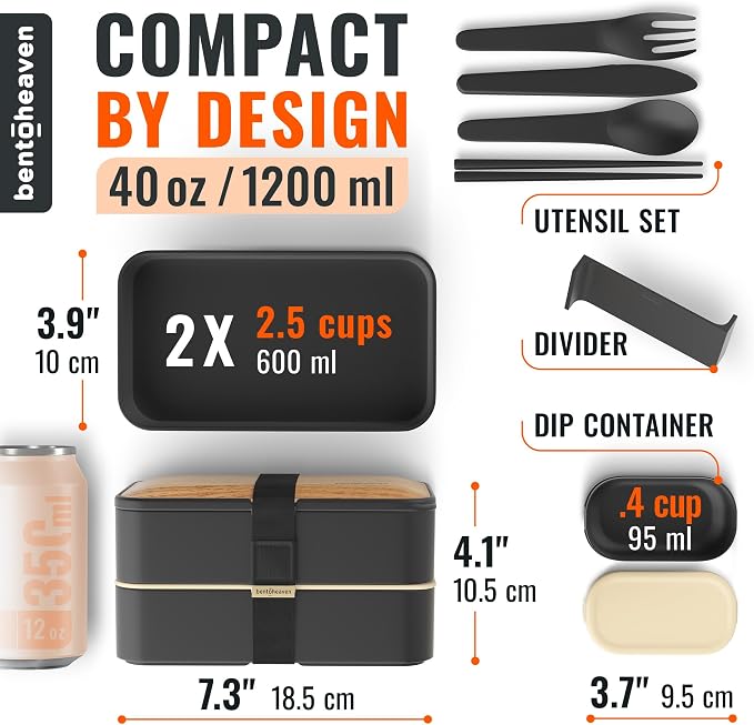 Bentoheaven Bento Box Adult, Stackable Lunch Box, 40 oz, Symph Onyx | BPA-free, leakproof and microwave-safe with 2 compartments, utensils, chopsticks, divider and sauce cup for men and women.