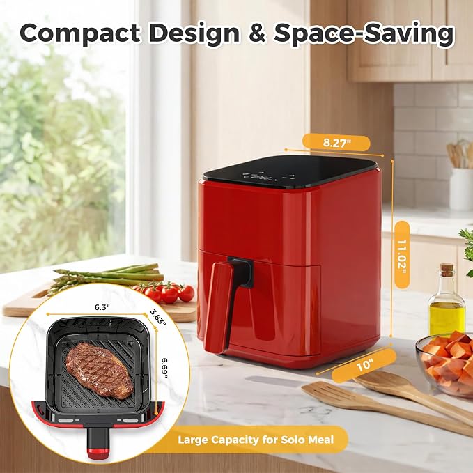 Compact Digital Air Fryer 3 Qt, Small Airfryer with Nonstick Plate, Dishwasher Safe Basket, Auto Shutoff, Simple Touchscreen, Quick Meals for Small Spaces
