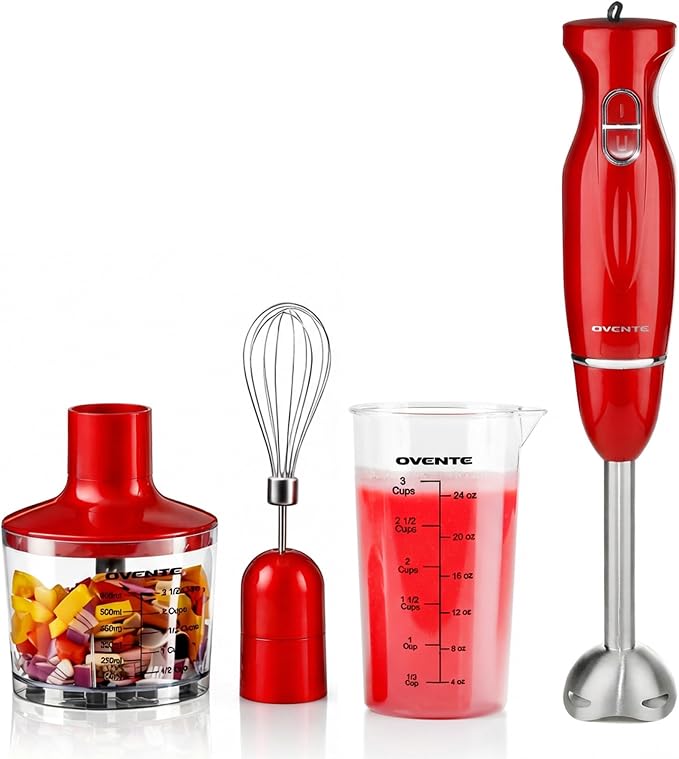 OVENTE Electric Hand Blender Set with 2 Mixing Speeds, 300W Red HS565R | Corded Immersion Handheld Stick Mixer with Stainless Steel Blades, Egg Whisk, Beaker & BPA-Free Food Chopper