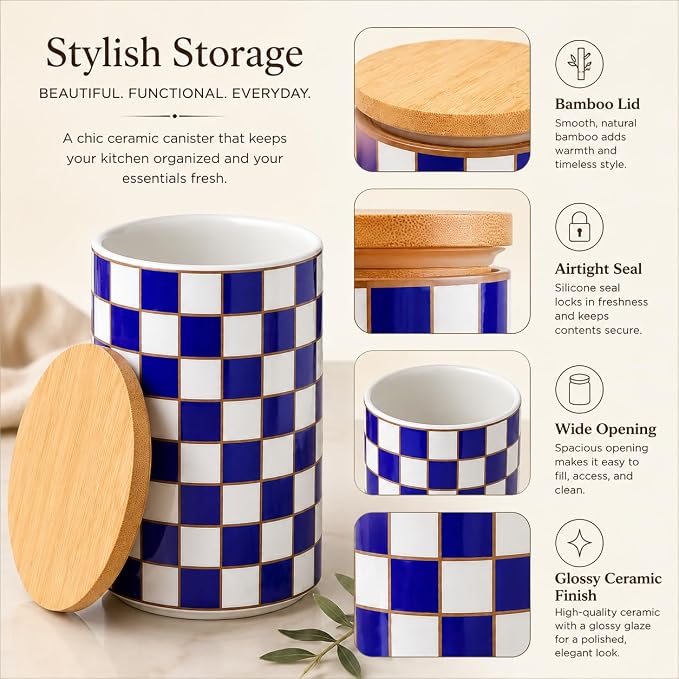 Kitchen Countertop Ceramic Checkered Canisters,Black And White Food Storage Containers With Lid,Airtight Kitchen Canisters for Flour, Sugar, Coffee, Tea, and Dry Goods (Blue, XL)