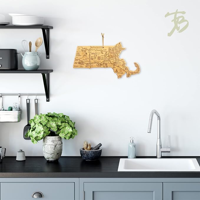 Totally Bamboo Destination Massachusetts State Shaped Cutting Board | State charcuterie serving board with engraved map artwork. Smooth reverse side for food prep. Hang tie for wall display.