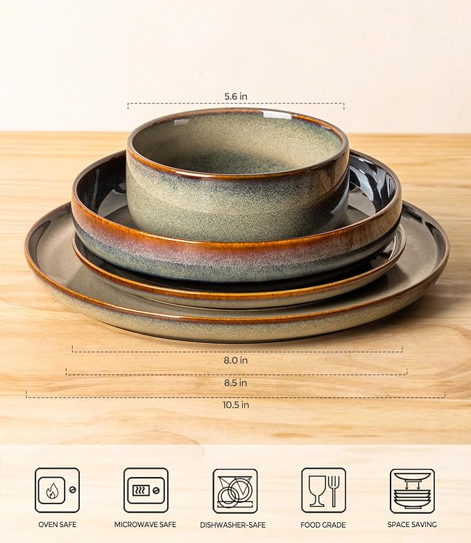 Ceramic Dinnerware Set for 4, 16-Piece Plates and Bowls Set | Handmade Reactive Glaze Dish Set, Scratch Resistant, Oven & Microwave & Dishwasher Safe, Mocha Brown