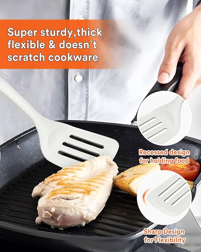 13PCS Silicone Kitchen Utensils Set for Nonstick Cookware, White | Food Grade, Heat Resistant Kitchen Utensil Spatula Set, Wooden Handles Kitchen Gadgets Tools Set