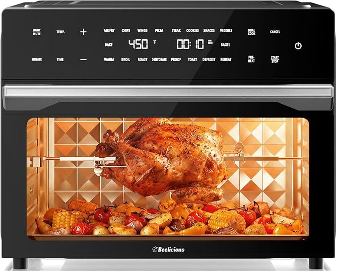 Beelicious 32QT Extra Large Air Fryer, 19-In-1 Air Fryer Toaster Oven Combo with Rotisserie and Dehydrator, Digital Convection Oven Countertop Airfryer Fit 13" Pizza, 6 Accessories, 1800w, Black