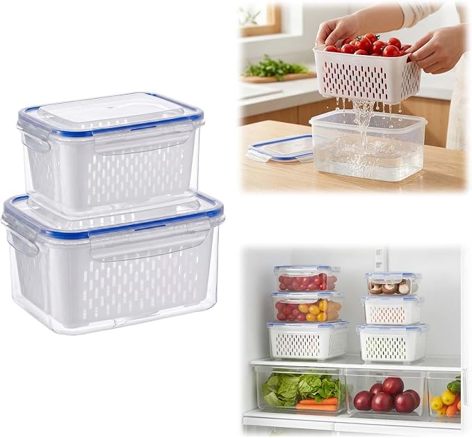 Fruit Storage Containers for Fridge with Removable Colander, Airtight Produce Storage Containers with Lids, Fridge Organizers and Storage for Berry, Fruit, Vegetables, Salad & Meal Prep (Blue, S+M)