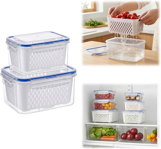 Fruit Storage Containers for Fridge with Removable Colander, Airtight Produce Storage Containers with Lids, Fridge Organizers and Storage for Berry, Fruit, Vegetables, Salad & Meal Prep (Blue, S+M)