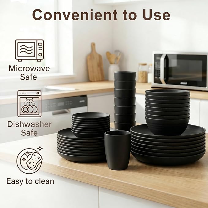 Plates and Bowls Sets for 8, Wheat Straw Dinnerware Sets 40 Piece, Unbreakable & Lightweight Dishes Set for 8, Microwave Safe Kitchen Dishes, Kitchen Essentials for New Apartment - Black