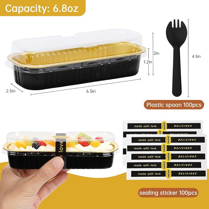 100 Pack 6.8 oz Rectangular Mini Loaf Pans with Lids and Spoons,Disposable Aluminum Foil Mini Cake Pans and Baking Tins with Sealing Stickers, Individual Black Dessert Containers for Parties