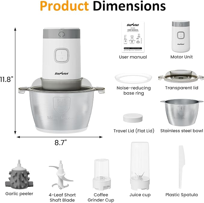 Sunvivi 4-IN-1 Food Processor: 350W Electric Meat Grinder, 2 Bi-Layer 4 Blades, 1.8L Stainless Steel Bowl, Juicer, Coffee Grinder, Garlic Peeler, Vegetable Chopper, 2-Speed, 150&350ml Cups, White