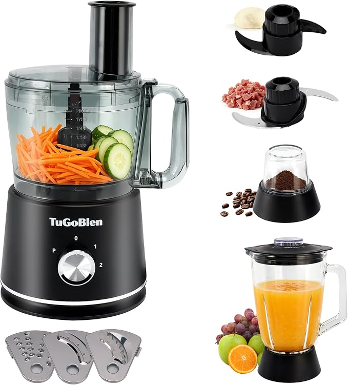 10 Cup Food Processor, Glass Blender and Grinder,5 Food Blades | Kneading/Chopping/Shredding/Slicing/French Fry Blades for Vege,Fruits,Meats,Beans