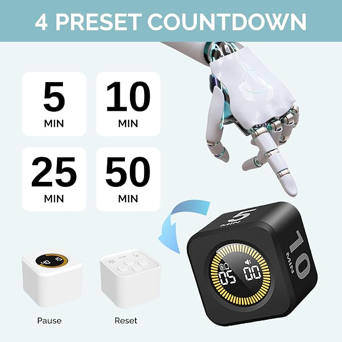 KADAMS Pomodoro Timer Visual - Productivity Pomodoro Cube, 5/10/25/50 Min Countdown & Countup, Silent – Ideal for Work Study Cook Workout Kitchen School Classroom Office ADHD Gift Kids (1, Black)