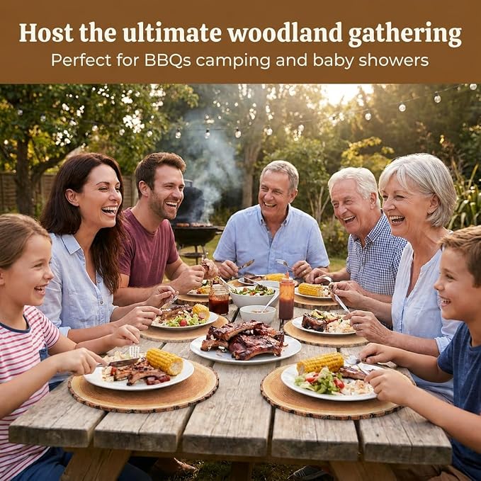 Wood Slice Placemats 50 Pack Rustic Round Disposable Paper Place Mats 13.5" | Farmhouse Woodland Table Décor for Camping BBQ Wedding Parties