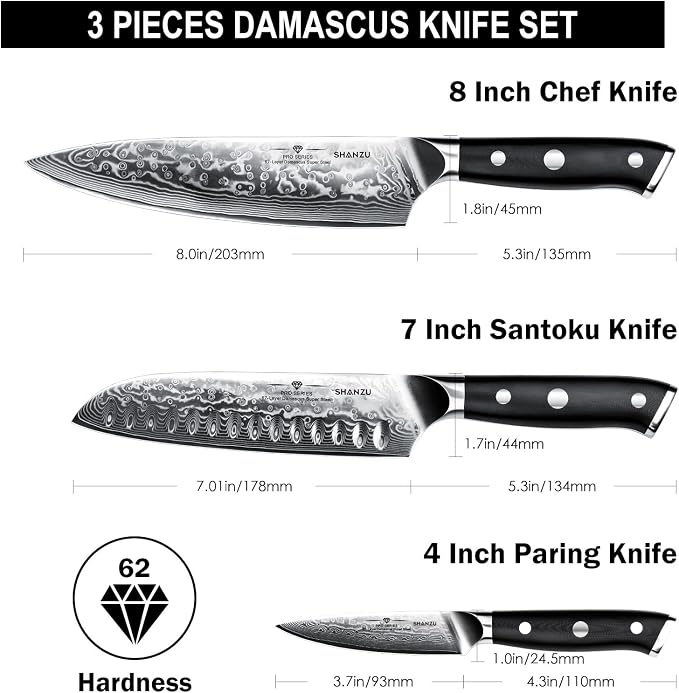 SHAN ZU Damascus Knife Set, Japanese Super Steel 3 PCS Damascus High Carbon Professional Ultra-Sharp Kitchen Chef Knife Set with G10 Handle Gift Box | Damascus High Carbon Professional Ultra-Sharp Kitchen Chef Knife Set with G10 Handle Gift Box